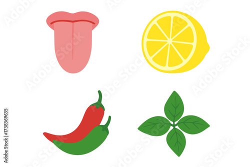 Collection of taste and seasoning vector icons. Food flavor concept set with tongue, sour lemon, hot chili pepper, and fresh herb. Gastronomy sensory symbols isolated.