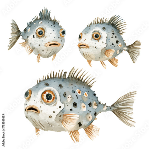 A Watercolor painting of puffer fish, delicately hand-painted with artistic brush strokes, minimal layout, white background, vector EPS. vector illustration