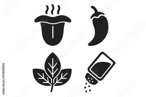 Taste and seasoning vector glyph icon set. Isolated collection of symbols. Hot spicy flavor with steaming tongue and chili pepper. Fresh herb leaf and salt shaker for cooking.