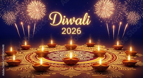 Vibrant diwali 2026 celebration with diyas rangoli and festive fireworks display
