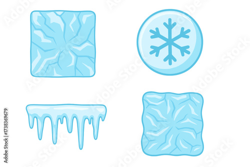Vector ice elements set. Cartoon frozen ice cube with cracked texture, icicles, and a snowflake winter symbol. Cold clip art collection for game assets or logo design.