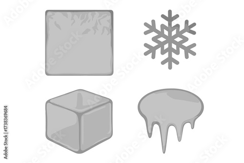 Ice cube and snowflake vector icon set. Collection of frozen, melting ice and frost texture symbols. Winter weather elements for graphic design. Cold crystal, block and icicle.