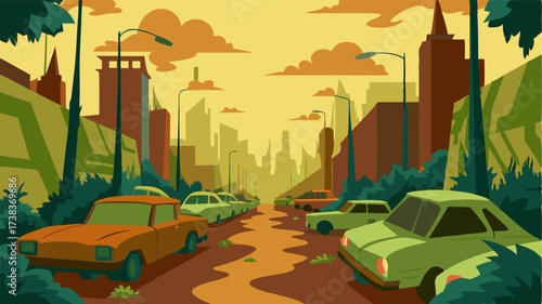 A street lined with abandoned cars and overgrown bushes giving off a postapocalyptic vibe.