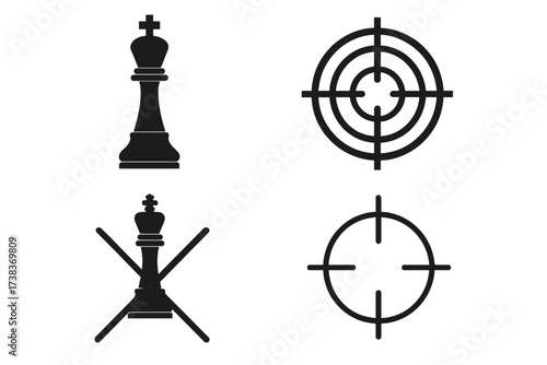 Chess king checkmate vector icon set for business strategy. Competition concept with target and goal symbols. Metaphor for success, winning, leadership, crisis and defeat.
