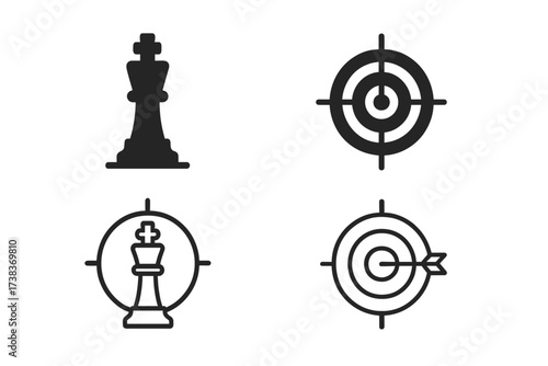 Vector icon set for business strategy and success. Chess king, checkmate, and target with arrow. Metaphor for goal, aim, leadership, marketing, and victory in competition.