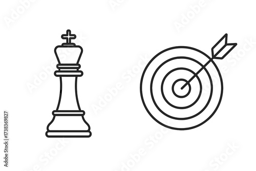 Chess king and target with arrow icon set. Concept of business strategy, achieving goals, leadership, and success. Metaphor for strategic planning, focus, precision, and victory.