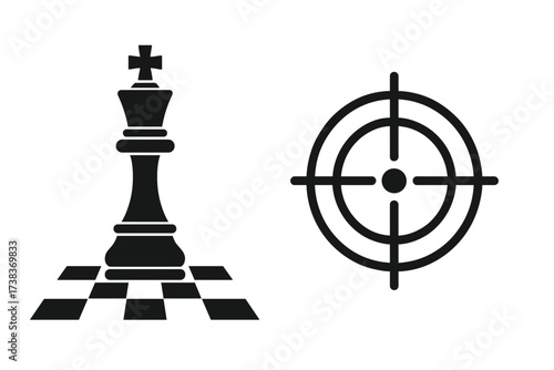 Business strategy concept with chess king and target icon. Metaphor for achieving goals, checkmate, success. Symbol of leadership, focus, competition, solution, and winning.