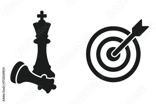Checkmate and target goal vector icon set. Business strategy, competition, success concept. Chess king wins game. Bullseye with arrow for mission achievement. Finish line.