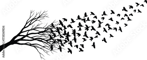 Tree silhouette, birds flying, nature transformation, freedom concept, artistic illustration, symbolic escape, bare branches, migration theme, surreal design, emotional impact