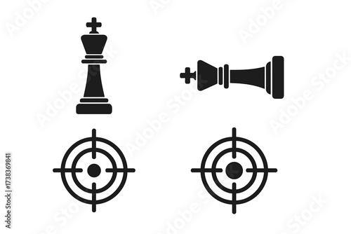 Checkmate concept vector icon set. Chess king and target symbols for business strategy, goal achievement, and competition. Metaphor for success, victory, and failure.