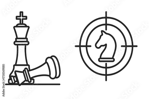 Chess game thin line icon set. Checkmate with fallen king for victory and success. Knight in a target for business strategy, goal, mission focus, and planning metaphor vector.