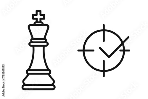 Business strategy success concept. Goal achievement, victory, leadership. Chess king icon. Target with checkmark. Checkmate metaphor. Reaching objective. Approved solution. Focus.