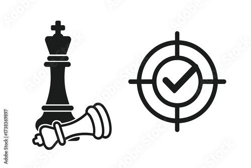 Business strategy and success concept. Checkmate in chess game as a metaphor for victory and competition. Target with check mark for goal achievement and mission accomplished.