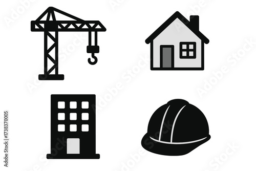 Construction and building icon set. Vector symbols for architecture and real estate. Includes crane, house, office and safety helmet. Engineering and industry concept.