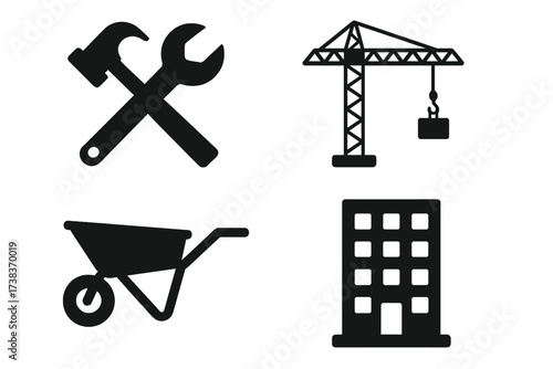 Construction and building industry vector icon set. Black silhouette symbols for real estate, architecture and engineering. Includes crane, hammer, wrench, and wheelbarrow.