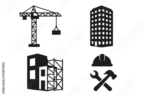 Construction vector icon set. Building industry symbols. Crane, skyscraper, scaffolding, hard hat, tools. Real estate development, architecture, engineering concept.