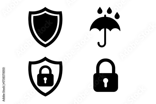 Vector icon set of protection and security symbols. Shield, padlock, and waterproof umbrella icons. Concept of safety, data privacy, defense, and secure connection. Flat design.