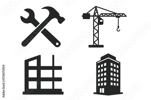 Construction icon set vector symbol collection. Building and real estate development sign. Engineer, architecture and contractor pictogram. Hammer, wrench, crane and house.