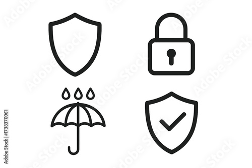 Vector icon set of protection and security symbols. Shield for safety, padlock for privacy, waterproof umbrella for insurance, and a guaranteed checkmark. Line icons collection.