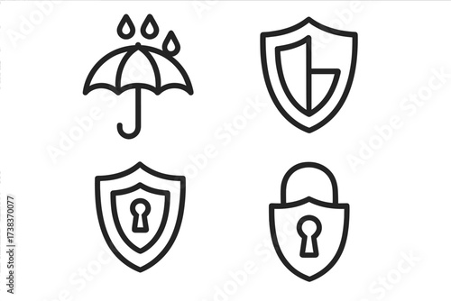 Protection and security line icon set. Vector collection of safety symbols. Shield, padlock, waterproof umbrella. Secure, private, defense, and closed concepts for web design.
