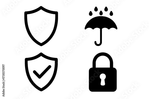 Protection and security vector icon set. Shield, padlock, umbrella symbols for safety, insurance, and privacy concepts. Guaranteed and verified secure graphic elements.
