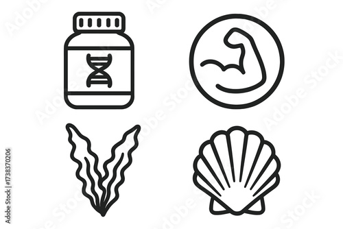 Vector icon set of fitness and sea concepts. Protein supplement bottle with DNA symbol, muscle arm, seaweed, and seashell logos. Bodybuilding, nutrition, marine life illustration.