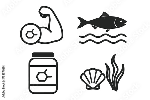 Protein sources vector icon set with seafood and fitness symbols. For bodybuilding nutrition, supplement logo. Includes fish, muscle arm, whey container, and sea shell concepts.