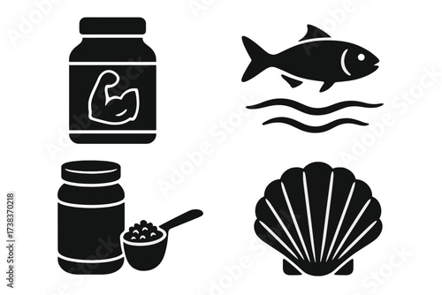 Protein and sea icon set. Bodybuilding supplement, whey powder, fish and seashell glyphs. Fitness nutrition and marine seafood concepts vector illustration collection.