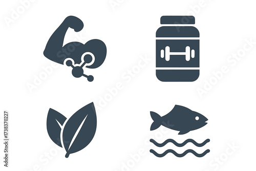 Protein sources icon set vector. Bicep muscle & molecule, supplement, plant based leaf, and fish logo collection. For bodybuilding, fitness, nutrition, healthy food design.