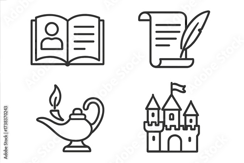 Storytelling and fantasy vector icon collection. Line art set with open book, magic lamp, fairy tale castle, and manuscript scroll with quill pen. Symbols for legend and history.