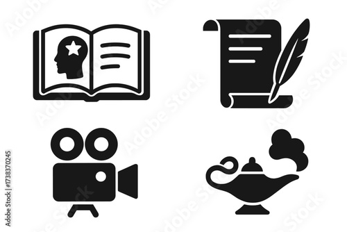 Storytelling icon set. Narrative vector collection. Biography book, history scroll, film camera, magic lamp. Fairy tale, movie script, fantasy story solid glyph symbols.