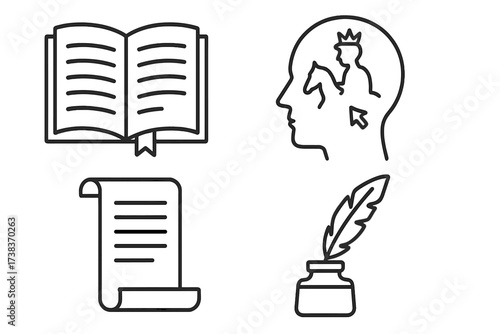 Storytelling and writing vector icon set. Line art symbols for literature, history, and education. Includes open book, scroll, feather quill, inkwell, and head with imagination.