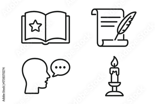 Storytelling and writing icon set. Vector line art collection with book, scroll, quill pen, and candle. Concepts of literature, history, education, communication, and knowledge.