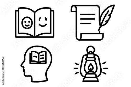 Storytelling and writing icon set. Knowledge, education, and literature symbols. Vector line art of book, quill, scroll, lantern, and head. Creativity and imagination concepts.