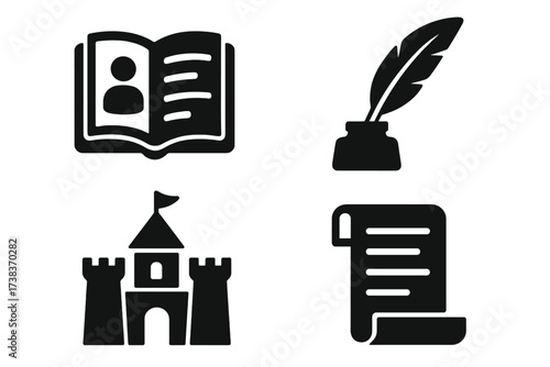 Vector icon set for storytelling. History, literature, and fantasy concepts. Medieval castle, author's quill pen and ink, biography book, and ancient manuscript scroll glyphs.