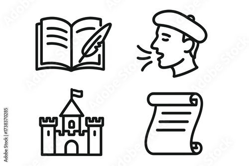Storytelling and history icon set. Vector icons of a book, quill, poet, castle, and scroll for literature, education, and fairy tales. Narration and writing concept.