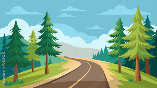 A tranquil country road surrounded by towering pine trees their branches swaying in the gentle breeze.