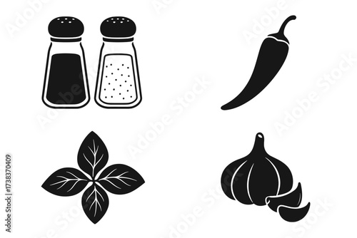 Spices and seasoning icon set. Vector glyph collection of salt, pepper shaker, chili, garlic, and basil. Food, taste and cooking symbols. Black silhouette design elements.