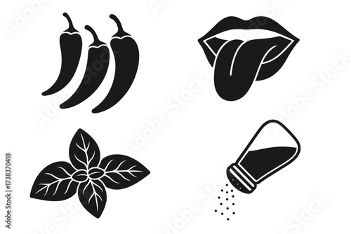 Taste and seasoning vector icon set. Collection of glyph symbols for flavor. Hot chili pepper, tongue out, basil herb and salt shaker. Spicy food and cooking ingredients.