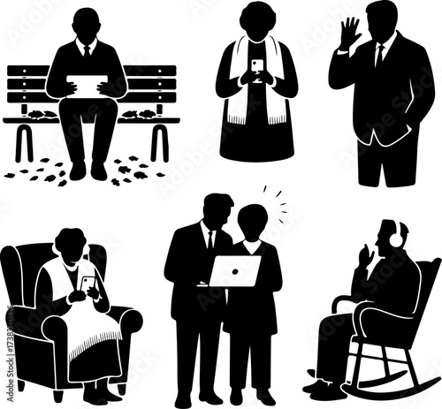 Elderly People Using Technology in Autumn Vector Silhouettes Bundle