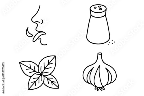 Taste and seasoning icon set vector. Flavor, cooking ingredients line art. Tongue tasting, salt shaker, fresh basil herb, garlic bulb. Gourmet food, culinary spices pictogram.