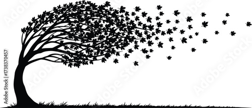 Tree silhouette, wind blowing, flying leaves, nature motion, abstract landscape, seasonal change, black illustration, emotional concept, transformation theme, symbolic art