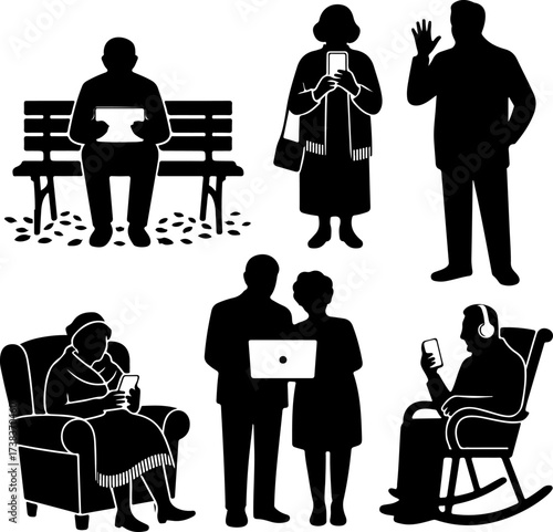 Elderly People Using Technology in Autumn Vector Silhouettes Bundle