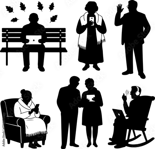 Elderly People Using Technology in Autumn Vector Silhouettes Bundle