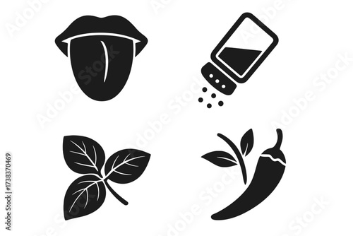 Taste and seasoning vector icon set. Food flavor symbols collection. Tongue, salt shaker, spicy chili pepper, herb leaf. Salty, hot, fresh. Culinary ingredient pictograms.