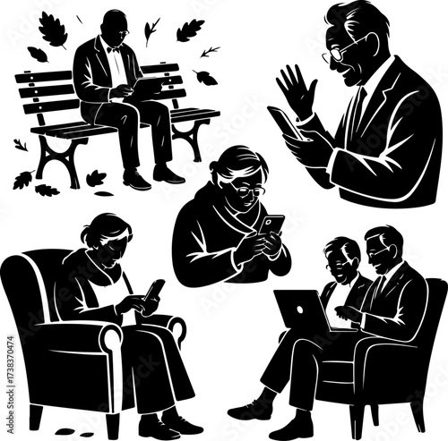 Elderly People Using Technology in Autumn Vector Silhouettes Bundle