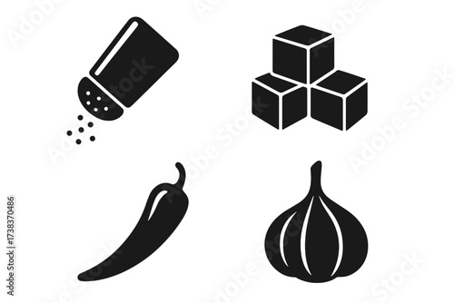 Vector icon set of taste and seasoning symbols. Salt shaker, sugar cubes, spicy chili pepper, garlic. Concept for flavor, cooking, food ingredients, sweet, salty, hot, savory taste.