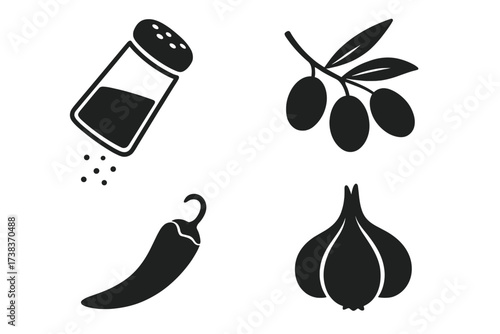 Vector icon set of spices and seasonings. Black silhouettes of salt shaker, olive branch, chili pepper, garlic. Food ingredients for cooking, taste, flavor. Isolated symbols.
