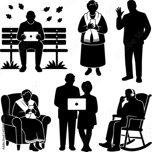 Elderly People Using Technology in Autumn Vector Silhouettes Bundle
