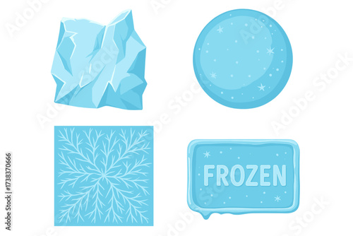 Vector set of frozen elements. Ice block, crystal texture, frost pattern, and cold sign collection. Winter illustration for game UI, icons, or design. Arctic cartoon graphic.